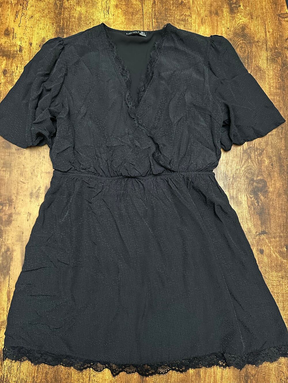 Black Tape Black Woman’s Dress with Lace Trim V-Neck Puff #224